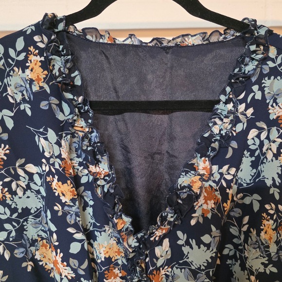 Floral Tiered Maxi Dress Navy Blue Brown Ruffle V-Neck Flutter Sleeve Size XL - Picture 7 of 10